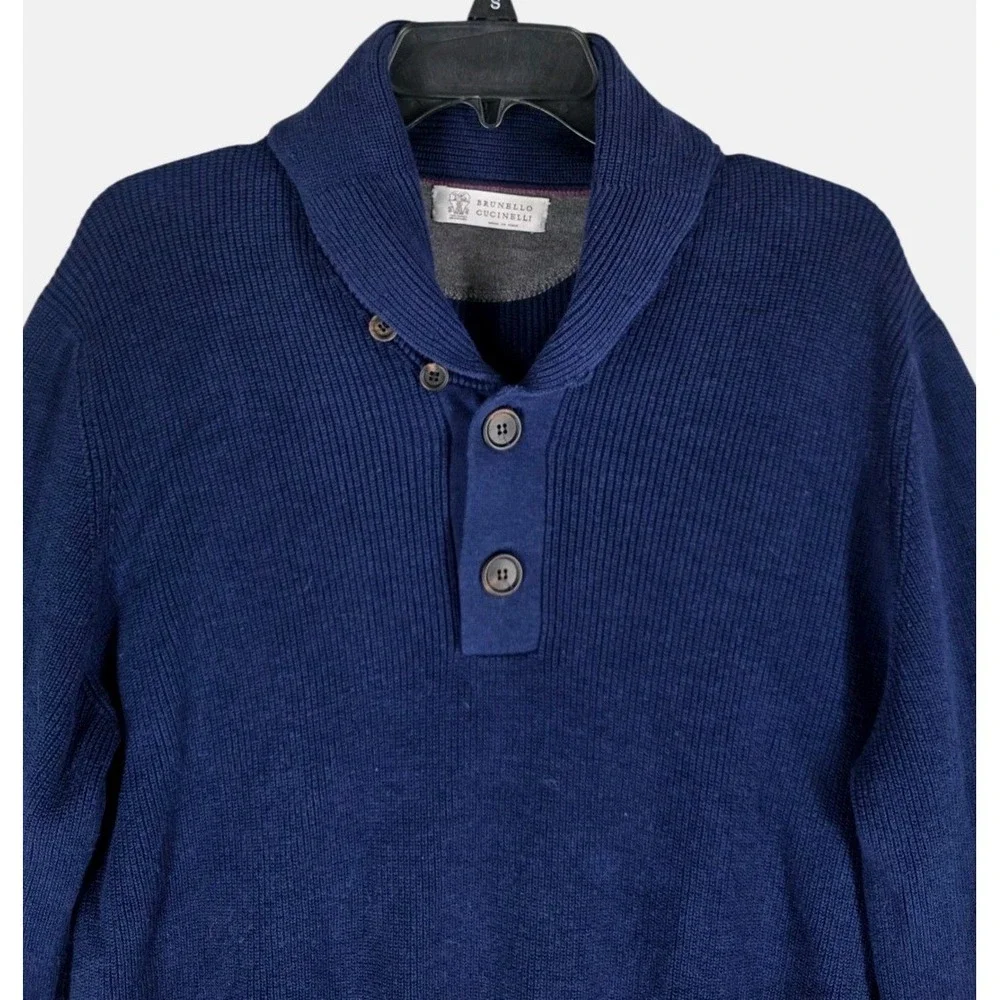 Brunello Cucinelli Ribbed Shawl Collar Knit Sweater Mens 54 US 44 XL Navy Blue